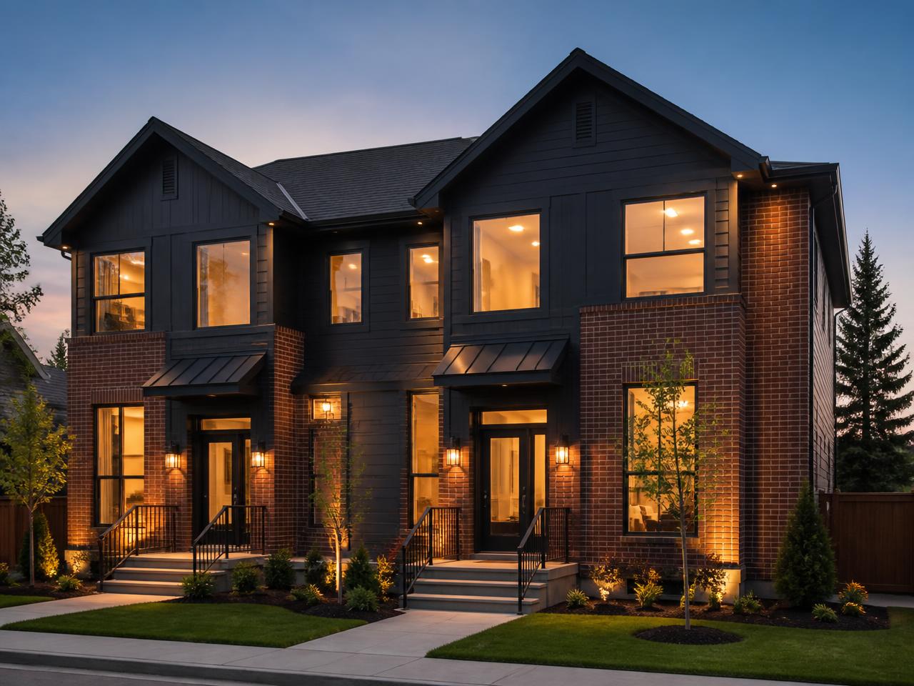 A modern brick duplex rental home lit up at dusk